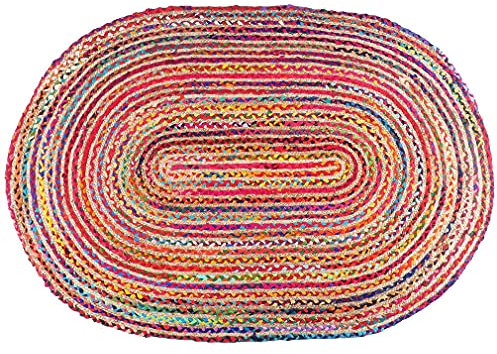 Eyes of India - 1,8 m x 1,8 m, bunte, ovale gewebte Jute, Chindi, dekorativer Flickenteppich, indischer Bohemian-Akzent, handgefertigt, handgewebt