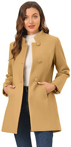 Allegra K Wintermantel für Damen, elegant, lang bis Mitte Oberschenkel, Stehkragen, Einreiher, Khaki, Größe XL, khaki, XL