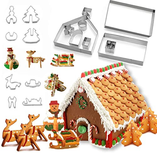 18-Teiliges Weihnachts-Edelstahl-Ausstecher-Set, 3d-Weihnachts-Lebkuchenhaus-Ausstecher, Kekswerkzeug-Backform, Weihnachtsbaum, Schneemann, Schlitten, Elch