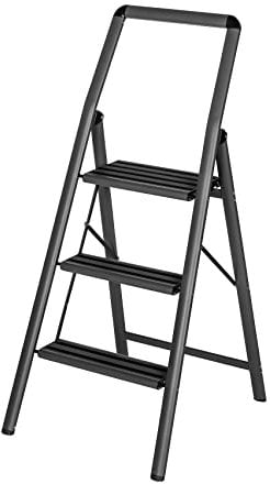 WENKO Leichte Aluminium Leiter Compact, 66 cm höher, Klapp-Trittleiter, 3 rutschsichere Stufen, Sicherheitsbügel & Haltegriff, 48 x 114,5 x 6 cm, Dunkelgrau