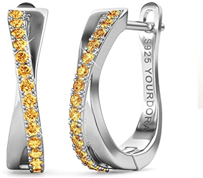 YOURDORA Creolen Silber Damen Klein Ohrringe 925 Silber Rhodiniert Kreolen 15mm mit Zirkonia aus Österreich (Weißgold - Sonnenblumengelb)