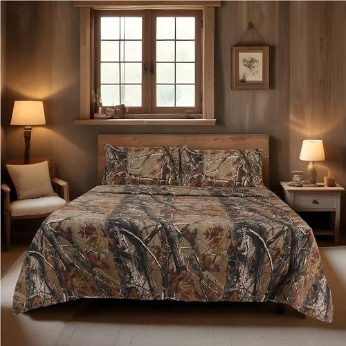 Realtree Allzweck-Camouflage-Bettlaken-Set, 4-teilig, Camouflage-Bedruckt, Perkal-Gewebe, superweiche Baumwolle, 100 g/m², pflegeleichtes Bettwäsche-Set für Schlafzimmer, Jagd und Outdoor, (Queen)