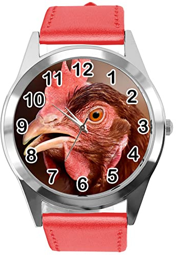 TAPORT Red Leather Round Watch for Fans of Chicken