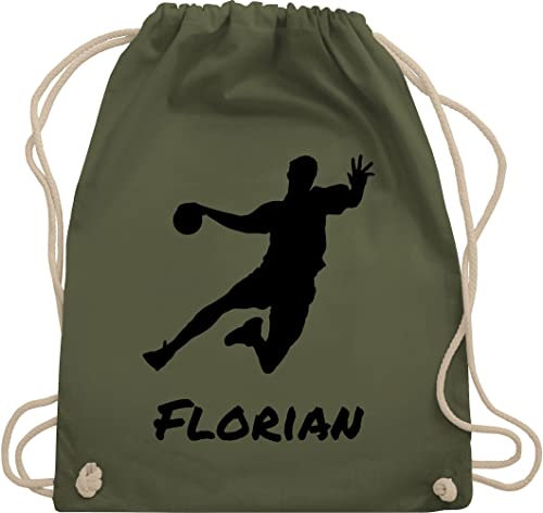 Turnbeutel Rucksack - Geschenke Handball Zubehör - Handballer Silhouette mit Name - Unisize - Olivgrün - für tasche personalisiertes beutel turnsack stoffbeutel sportbeutel turnsackerl