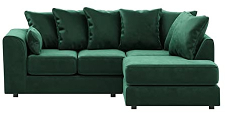 Furnishings For Less UK Green Corner Sofa | Brooklyn Emerald Plush Velvet 4 Seater L Shaped Corner Sofa Full Foam seating RH (Green, Right Hand Facing)