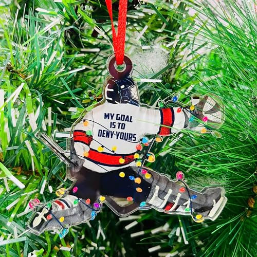 Hockey-Torwart-Ornament, My Goal is to Deny Yours Hockey Boy Player, Weihnachtsbaumschmuck – Sportornament für Hockeyspieler, Sportler, Trainer, 1 Seite bedruckt, flach, Acryl, 8,9 cm