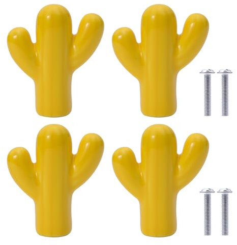 4Pcs Poignée en Céramique Boutons de Meuble Cactus pour Tiroir, Chambre d'Enfant, Armoires, Bibliothèque (Jaune)