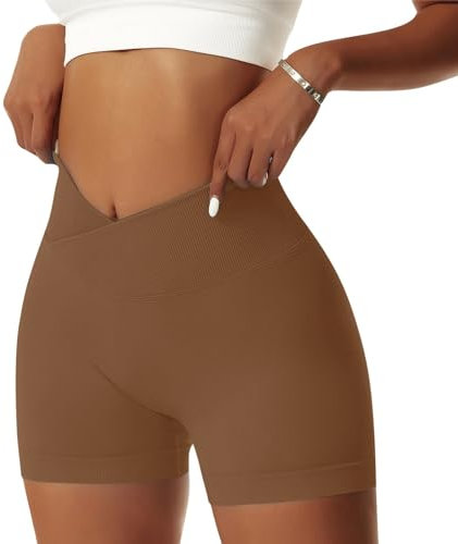 Vertvie Damen Gym Shorts V Cross Stretch Push Up Yoga Shorts Booty Scrunch Fitness Hosen Kurz High Waist Nahtlos Workout Sportshorts Butt Lift Kurze Leggings Sommer (Braun, M)