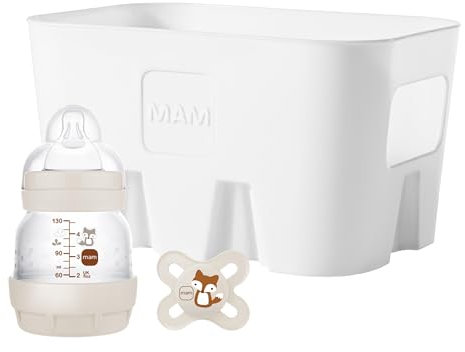 MAM Easy Start Anti-Colic Combi Set XS, Baby Erstausstattung mit Anti-Colic Flasche (130 ml), inkl. Sauger Größe 0, MAM Start Schnuller und Flaschenkorb, Baby Geschenk Set, ab der Geburt, beige