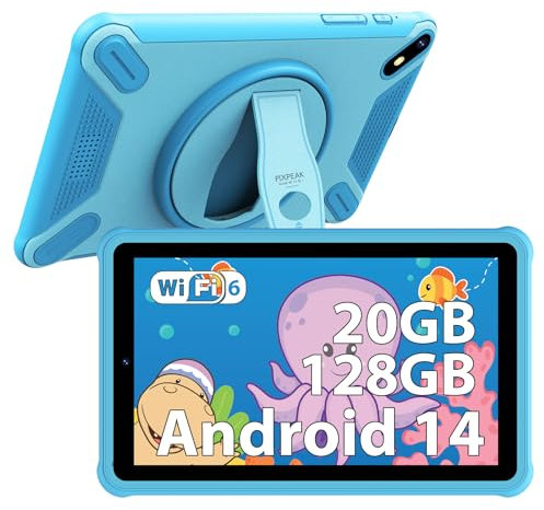 PIXPEAK 7 Tableta para niños, Android 14 Tablet, 36GB RAM 128GB ROM (SD Expandible), Android Kids Tablet, Control Parental, Pantalla FHD, 6580mAh, 5MP+2MP, WiFi, Bluetooth, Tableta Educativa (Azul)