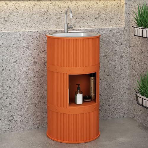 Lavandino a Colonna Moderno in Ferro Battuto, Mobile da Bagno con Lavabo in Acciaio Inox, Lavandino su Piedistallo Freestanding Set con Rubinetto e Scarico (con contenitore,Arancione)