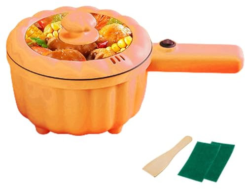 Tuzsocr Electric Frying Pan with Steamer,2L Non-Stick Electric Pan for Sauté,Pumpkin Shaped Electric Hot Pot,Multifunction Portable Travel Cooker,for Ramen Noodles/Pasta/Egg/Oatmeal (Orange)