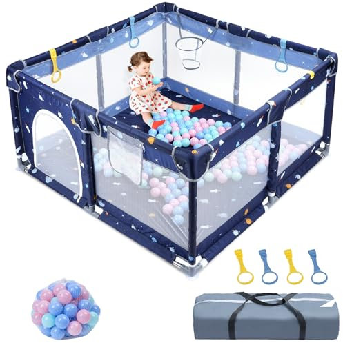 UISEBRT Laufstall Baby Laufgitter 150x180cm Absperrgitter mit Atmungsaktivem Netz, 50 Bällen, Mini-Körbchen, Sicherheitsspielplatz Krabbelgitter für Kinder, Blau
