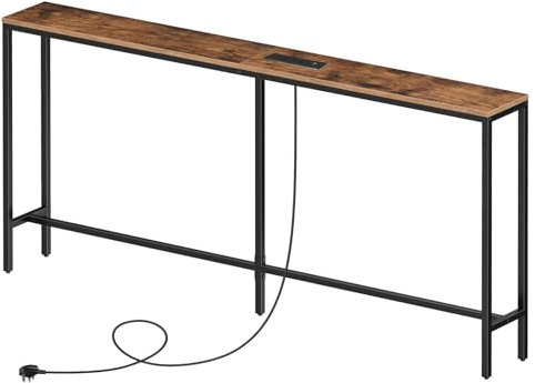 MAHANCRIS Skinny Console Table with Power Outlets, 160 cm Narrow Sofa Table, Behind Couch Table with Charging Station for Plants, Living Room, Rustic Brown and Black ACTHR165KE01