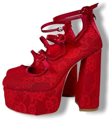 Frankie Hsu handmade Sexy Chunky Platform High Heeled Pumps Bootie, Red Lace Stitch Embroidery Goth Hot Girl, Big Large Size US5-19 Shoes For Women Men