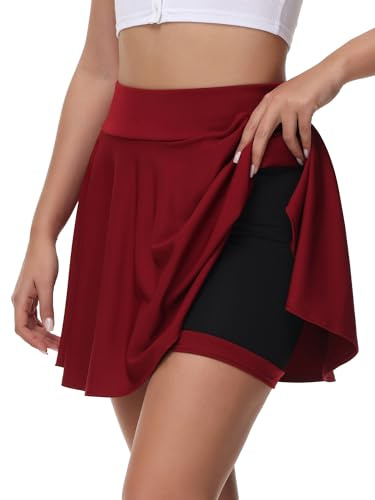 tanzdunsje Falda básica para Mujer y niña, Falda Negra, Minifalda Skater con pantalón, Bolsillo, versátil, elástica, Informal, Falda de Tenis para Mujer(Vino Rojo,L)