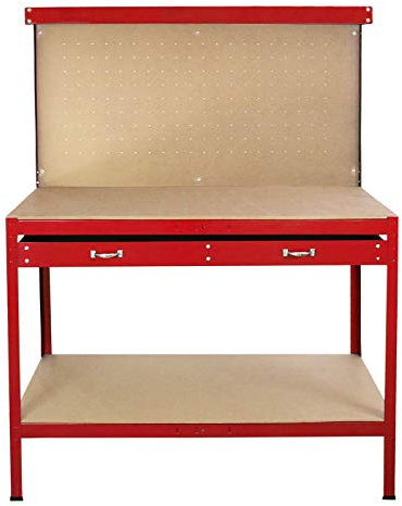 Monster Shop Établi d'atelier avec panneau perforé et tiroir Boîte à outils robuste Plan de travail Étagère en métal Étagère en acier industriel Table de travail Rouge