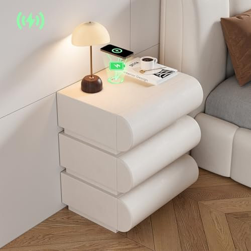 Homary Table de Chevet LED Intelligente Étroite 3 Tiroirs, Chargeur sans Fil USB/Type-C, Petit Meuble de Rangement pour Chambre Adulte (1, Standard)