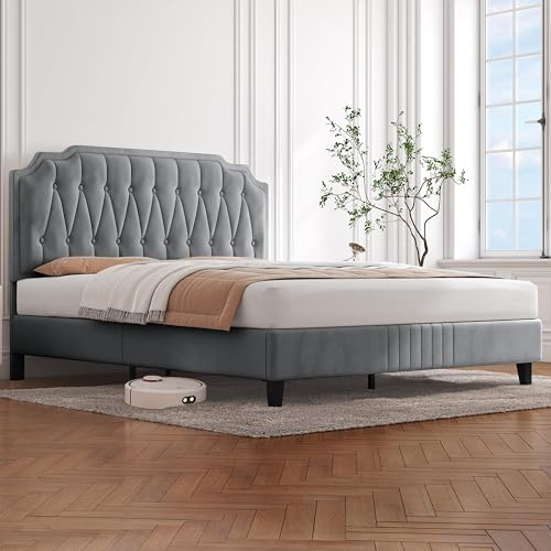 Yaheetech Lit 160x200 cm avec Sommier, Lit Double pour Adultes, 2 Personnes à Deux Places, Cadre de Lits Capitonnée, Réglable en Hauteur, en Bois Massif et Métal, Gris Clair