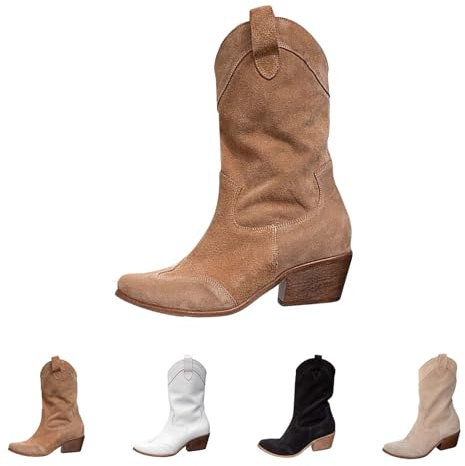 Generico Stivali Donna Alti con Tacco Western Texani Tronchetti Equitazione Stivali Camperos Donna Scarponcini a Metà Polpaccio Stivali Donna Indianini Scarponcino Tacco Medio a Punta Stivaletto