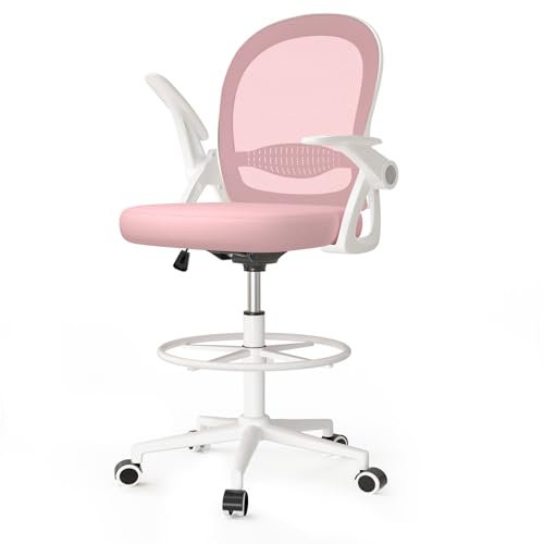 naspaluro Silla de Oficina con Anillo Reposapiés, Silla de Escritorio Ergonómica con Malla Transpirable, Reposabrazos Abatibles, Silla para Ordenador de Altura Regulable, Silla Giratoria de 360°, Rosa