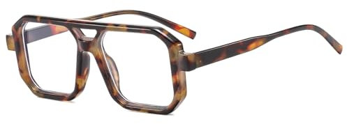 Long Keeper Retro Pilot Sonnenbrille - Herren Damen 70er Jahre Flache Vintage Quadratische Doppel Brücken UV400 Schutz (Brauner Leopard Klar)