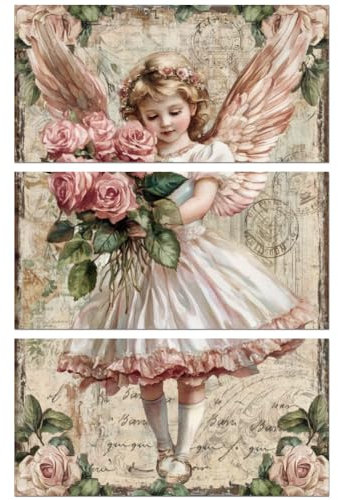 Peacoblue Rub on Transfers for Crafts 3Pcs Vintage Angel with Pink Flower 15cmx30cm, UV DTF Waterproof Furniture Transfer for Chest of Drawer Dresser Porcelain Wood Glass Plastic