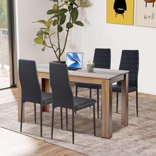 FURNITABLE Esstisch mit 4 Stühlen Esszimmergruppe, Essgruppe mit Hochlehner Kunstleder Stuhl für 4 Personen, Sitzgruppe für Küche Esszimmer Wohnzimmer(140cm Walnuss-Schwarz Tisch+4 Schwarz Stühle)