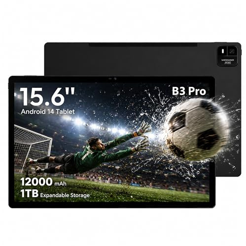 MESWAO Tablet grande Android 14 Pro da 15,6 pollici, display FHD IPS, processore Helio G99 a otto core, 8 GB di RAM, 256 GB di ROM espandibili a 1 TB, altoparlanti quadruple, batteria da 12.000 mAh