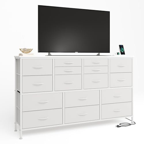 MUTUN Commodes et buffets avec prise de courant, 16 tiroirs en tissu avec poignées, rangement de vêtements, peut contenir jusqu'à une télévision de 155 cm, blanc
