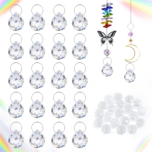 20 Stück Kristalle zum Aufhängen, Glas Sonnenfänger Kristall mit 20 Metallring, Suncatcher Kristall, Prisma Kristalle Tropfen für Kronleuchter Anhänger, Fenster Ornament Handwerk Deko