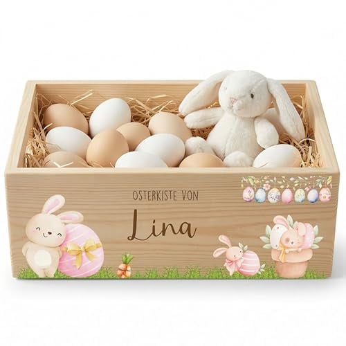 Kidsmood - Personalisierte Holzkiste mit Namen – Aufbewahrungskorb zu Ostern für Kinder, nachhaltig & kindersicher für Osterdeko & Ostergeschenke mit süßem Rosa Osterhase (40x30x13)