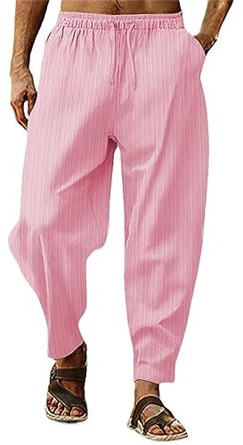 Pantaloni lunghi da uomo per il tempo libero, con elastico, in lino, vestibilità normale, pantaloni da corsa, traspiranti, con lacci, leggeri, pantaloni da fitness, comodi, tinta unita, Colore: rosa.,