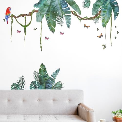 2 PCS Wall Decals Peel and Stick, Palm Leaf Wall Stickers Tropical Leaves Hanging Vines Green Plants Jungle Wall Decals for Living Room TV Background Bedroom Nursery Office Wall Decor