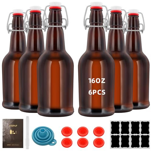 eispap Bierflaschen mit Bügelverschluss und einfachem Klappverschluss, 473 ml, bernsteinfarbenes Glasflaschen-Set mit luftdichtem Verschluss, für Kombucha, kohlensäurehaltige Getränke, Brauen und