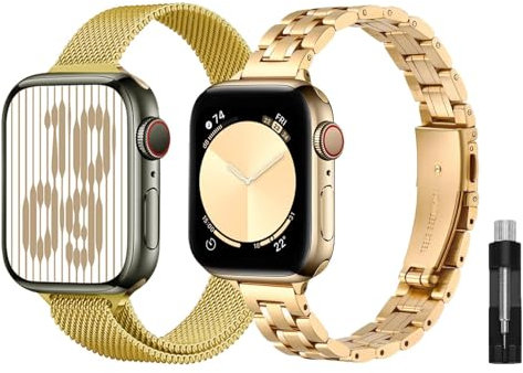 baklon 2 Pezzi Compatibile con Cinturino Apple Watch Donna, Acciaio Inossidabile, 42mm(Series 1 2 3) 44mm 45mm 49mm 46mm, Series Ultra2/Ultra/SE2/SE/10 9 8 7 6 5 4 3 2 1, Oro