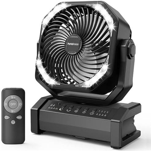 PortaBreeze 20.000 mAh wiederaufladbarer Campingventilator mit Licht, tragbarer, batteriebetriebener Hochgeschwindigkeits-Bodentischventilator; oszillierend mit Timer, Fernbedienung für Outdoor