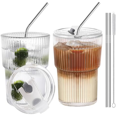 HIGIINC Iced Coffee Cups With Lids and Straws 2 Pcs, 16 OZ Unbreakable Cup Drinking Set,Clear Plastic Cups Reusable Iced Coffee Tumbler with Lid and Straw, To Go Coffee Cups Dishwasher Safe