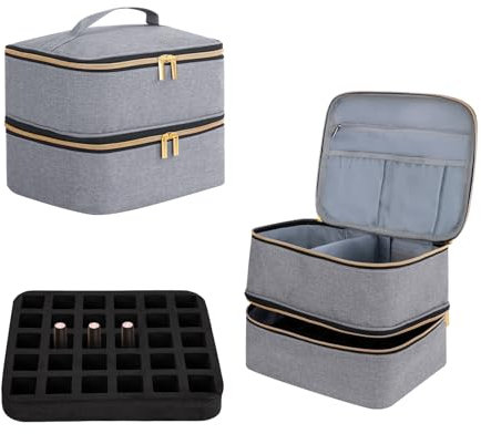 Nail Polish Organizer Bag Double Layer Make up Case Portable Travel Makeup Bag Cosmetic Storage Bag Vanity for Nail Polish Bottles Nail Lamp Tools Accessories (Gery, M - 30 Bottles)