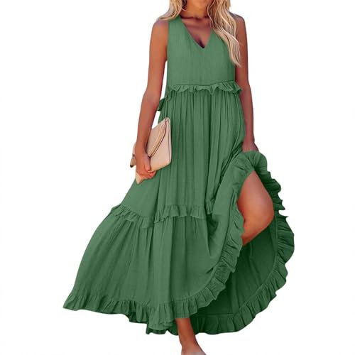 Robe De Cérémonie pour Femme Ronde Cocktail Fluide Robe Femme Chic Et Elegant De Cérémonie Dentelle Vetement Ete sans Manches Fleurie Légère Élégante Summer Dress(Vert,L)