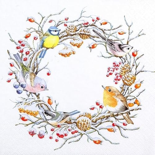 Home Fashion 20 Servietten Weihnachten Süße Vögel im Winterkranz als Tischdeko. Papierservietten weihnachtlich mit Motiv. Auch für Decoupage und Serviettentechnik 33x33cm