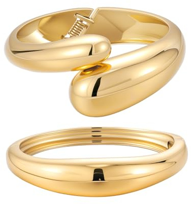 Yowivon Brazaletes en Oro para Mujeres, Brazalete Irregular Grueso en Oro, Pulseras Abiertas Trenzadas y con Bisagra en Forma de Lágrima/Ola, Sin Barniz, Regalos de Joyería