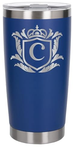 Customised Gifts 500ml Engraved Shield Initial Monogram Insulated Personalised Dark Blue Travel Mug for Men and Women - Personalised Initial Coffee Travel Mug for Hot and Cold Beverages, Letter C