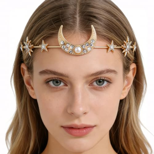 Sternen Haarreif, Festival Haarschmuck Gold Sonne Mond Sterne Haarreif, Sternen Kopfschmuck Stern Mond Stirnband für Karneval und Party