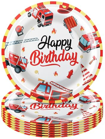 Ovanda 12 Feuerwehr Pappteller, 23 cm, für Kindergeburtstag und Party | 12 Pappteller aus Papier, 23 cm, mit Feuerwehr, Löschfahrzeug und Hydrantenmotiven für Geburtstag, Kinderparty und Buffet