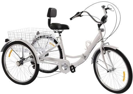 Promachineory Dreirad 3-Rad Fahrrad 24 Zoll Klappbar Tricycle 7-Gang Faltbar Trike mit Einkaufskorb und LED-Licht für Erwachsene - Weiß