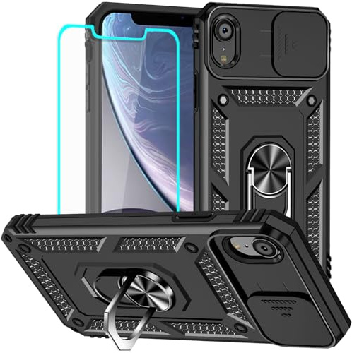 Yiakeng for iPhone XR Case with Screen Protector: [Military Grade 20ft. Drop Tested] Slide Camera Cover Ring Shockproof Protective Phone Case for - iPhone XR (Black)