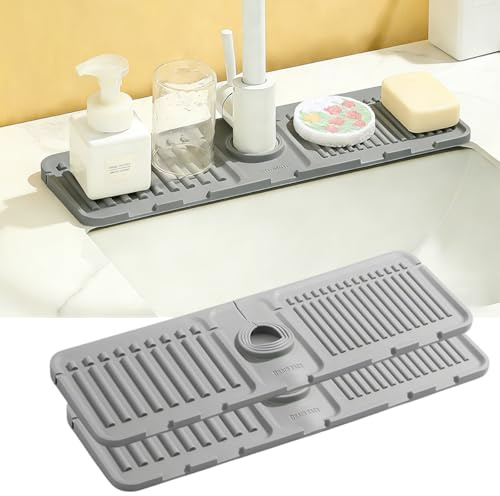 KAWAAN 2 Piezas Alfombrilla de Grifo para Fregadero de Cocina, Alfombrilla de Silicona para Grifo, Escurridor Fregadero, Salpicadero para Fregadero de Cocina (Gris, 37 × 11,7 cm)