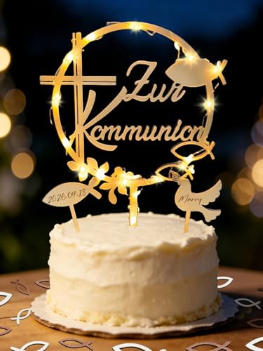Tortendeko Kommunion mit LED Lichterkette, Tortenstecker Kommunion Holz & 36 Stück Holz Fische Tischdeko & Fisch Taube Cake Topper, Erstkommunion deko Junge Mädchen Geschenke Gastgeschenke