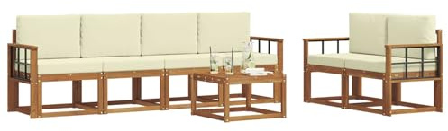 vidaXL Outdoor-Sofagarnitur 7 pcs Natur und Creme Massivholz Akazie, Akazienholz Garten-Sofa-Set, Moderne Gartenmöbel, langlebige Couch, schicke Lounge, ergonomisches Design